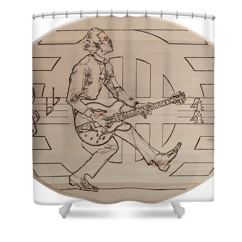 Pyrography Shower Curtain featuring the pyrography Chuck Berry - Viva Viva Rock 'N' Roll by Sean Connolly