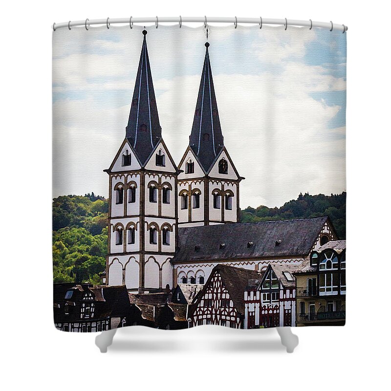 Germany Shower Curtain featuring the digital art Church of St Severus, Boppard Dry Brush on Canvas by Ron Long Ltd Photography