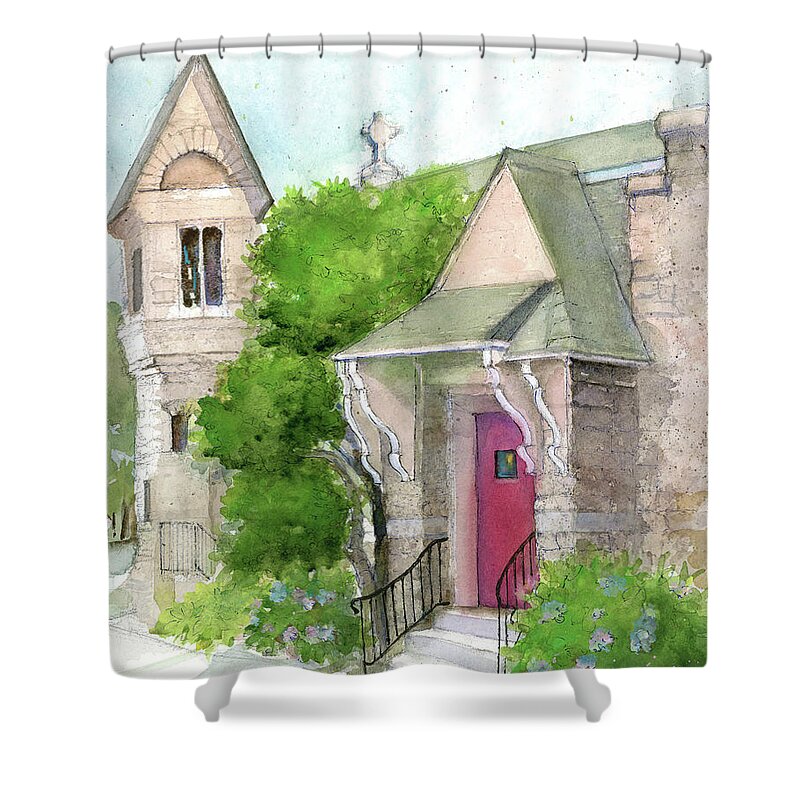 Stone Shower Curtain featuring the painting Church on High Street by Rebecca Matthews