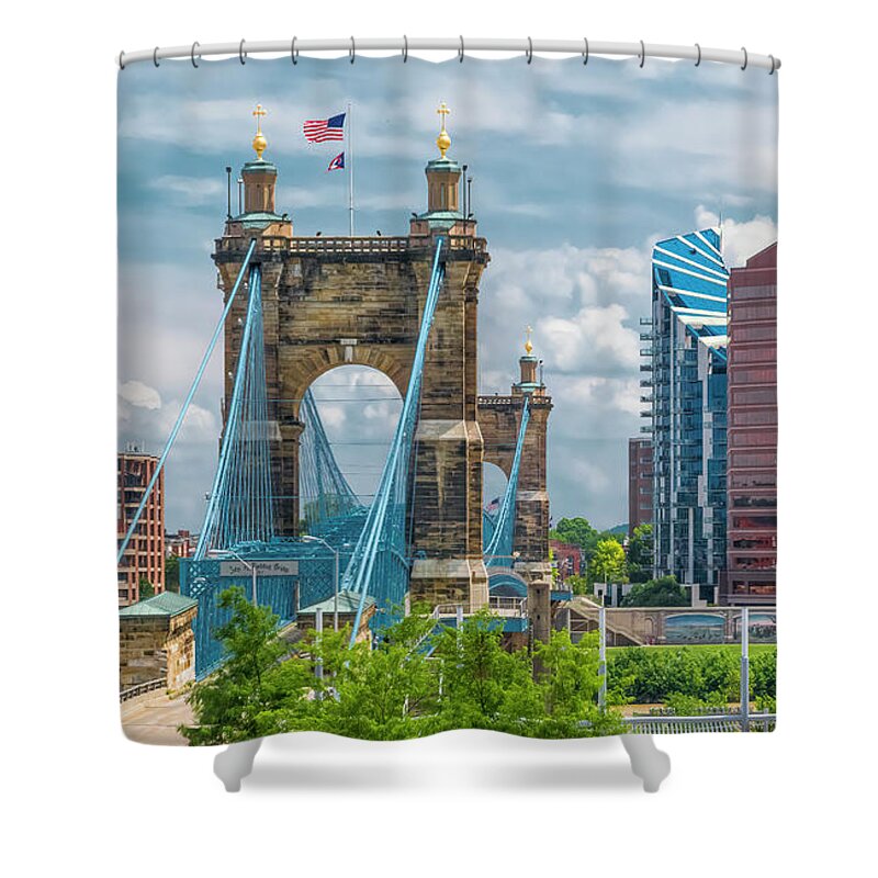 Bridge Shower Curtain featuring the photograph Cincinnati Roebling Bridge by Ginger Stein