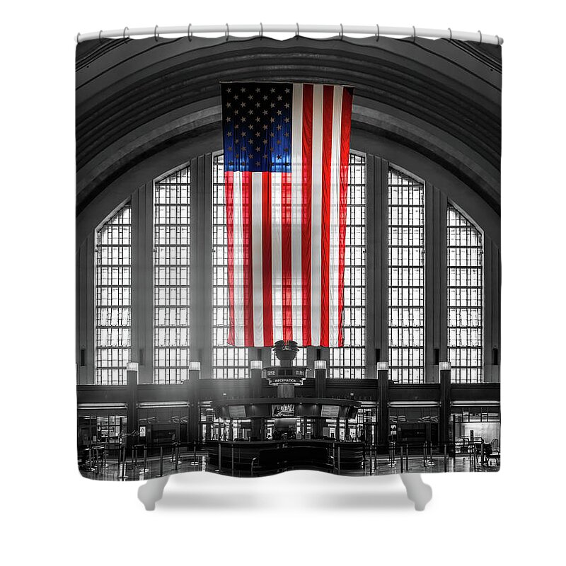 Interior Union Terminal Station Cincinnati Shower Curtain featuring the photograph Cincinnati Union Terminal Interior American Flag by Sharon Popek