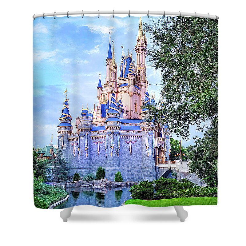Cinderella Castle Shower Curtain featuring the photograph Cinderella Castle 60th Anniversary  by Mark Andrew Thomas
