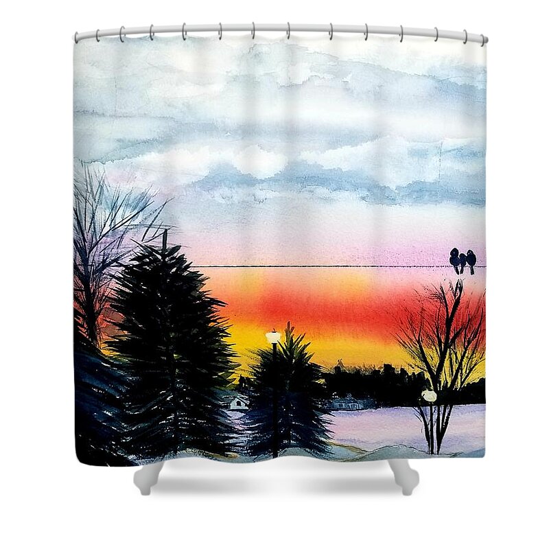 Michigan Sunset Shower Curtain featuring the painting Cindys Sunset by Ann Frederick