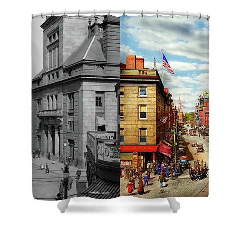 Fall River Shower Curtain featuring the photograph City - Fall River, MA - The City Hall on Main Street 1913 - Side by Side by Mike Savad