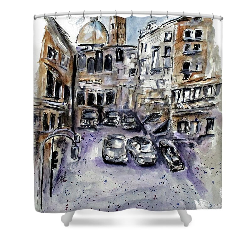 Clyde J. Kell Shower Curtain featuring the painting City Foundation by Clyde J Kell