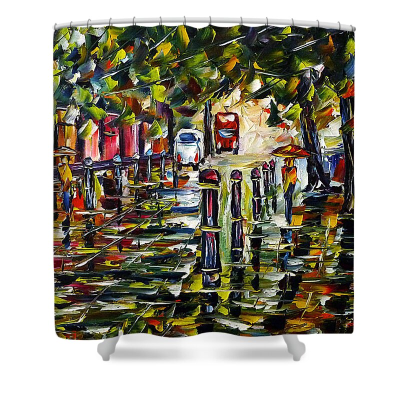 Rainy Cityscape Shower Curtain featuring the painting City In The Rain by Mirek Kuzniar