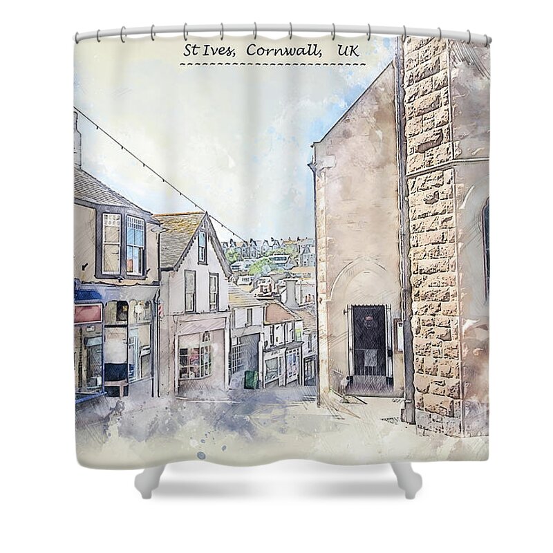 Outdoor Shower Curtain featuring the digital art city life of St Ives, Cornwall, UK, in sketch style by Ariadna De Raadt