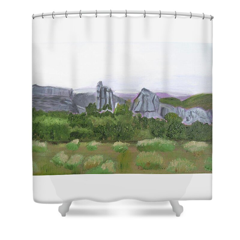 Idaho Shower Curtain featuring the painting City of Rocks climbing area by Linda Feinberg