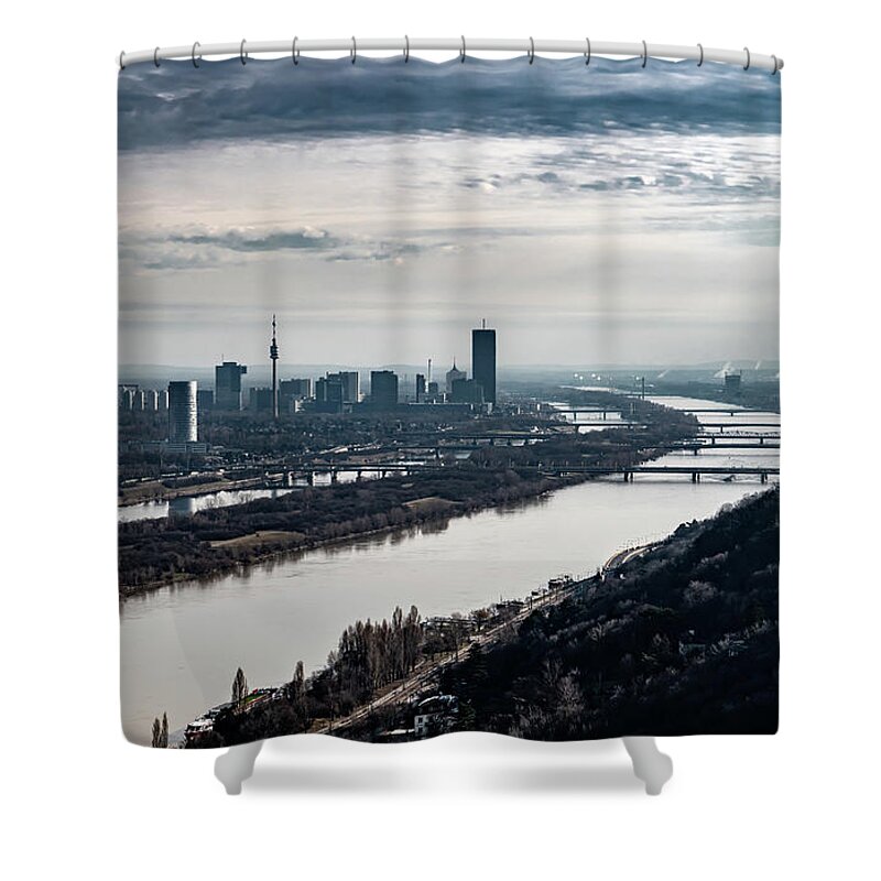 Aerial Shower Curtain featuring the photograph City Of Vienna With Suburbs And River Danube In Austria by Andreas Berthold