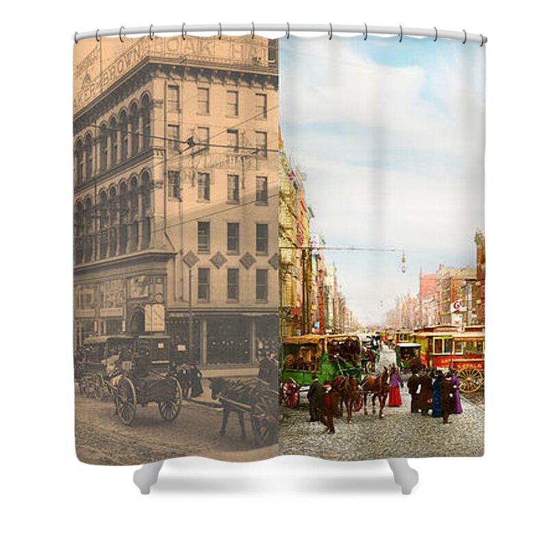 Philly Shower Curtain featuring the photograph City - Philadelphia, PA - Sixth and Market St 1902 - Side by Side by Mike Savad