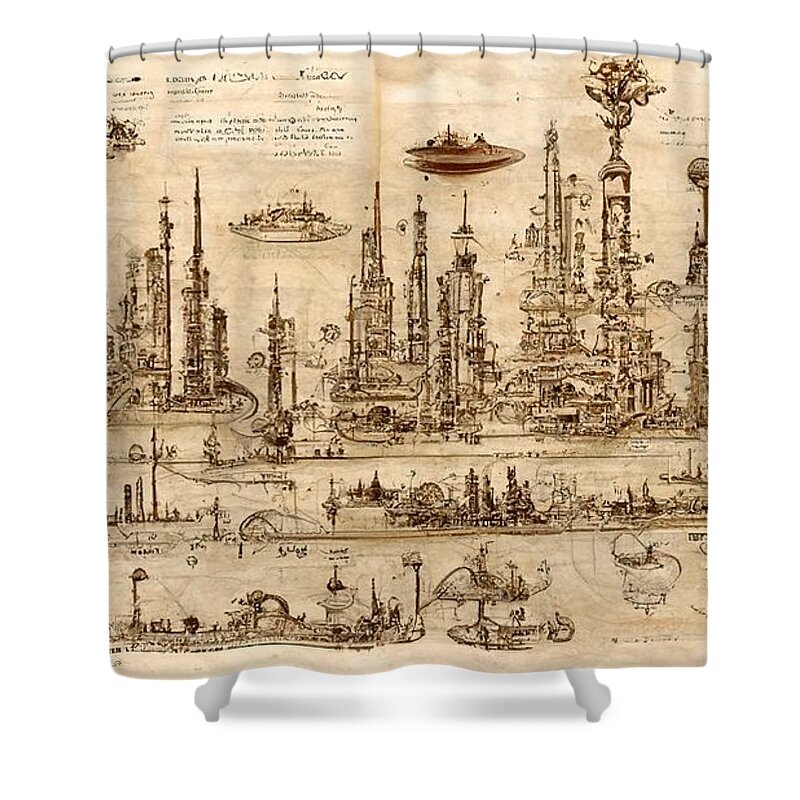 Alien City Shower Curtain featuring the digital art City Plans by Nickleen Mosher