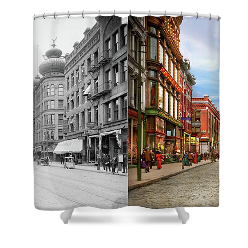 Springfield Shower Curtain featuring the photograph City - Springfield, MA - The architecture on Main Street 1905 - Side by Side by Mike Savad