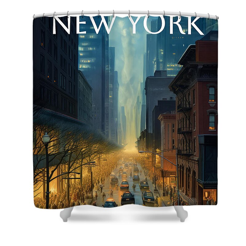 New Yorker Magazine Shower Curtain featuring the painting City Street by Land of Dreams