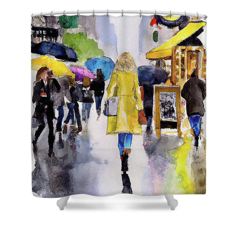 City Shower Curtain featuring the digital art City Woman with Yellow Raincoat by Alison Frank