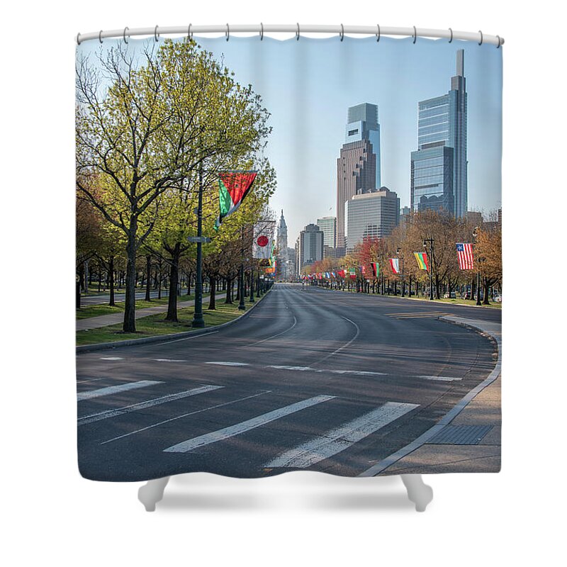 Cityscape Shower Curtain featuring the photograph Cityscape in the Spring - Benjamin Franklin Parkway - Philadelph by Bill Cannon