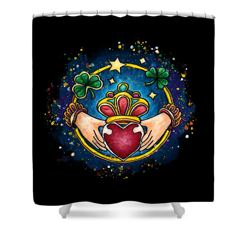 Claddagh Shower Curtain featuring the painting Claddagh ring on black background, Ireland engagement ring by Nadia CHEVREL