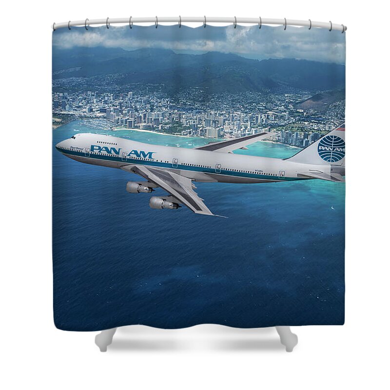 Pan American World Airways Shower Curtain featuring the mixed media Classic Pan Am Boeing 747 over Waikiki Beach Hawaii by Erik Simonsen