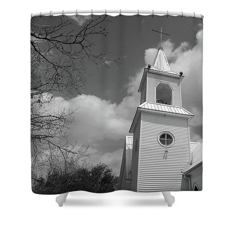 Bell Tower Shower Curtain featuring the photograph Classic White Steeple BW by Connie Fox