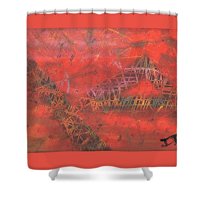 Red Shower Curtain featuring the painting Clawing through the Process by Esoteric Gardens KN