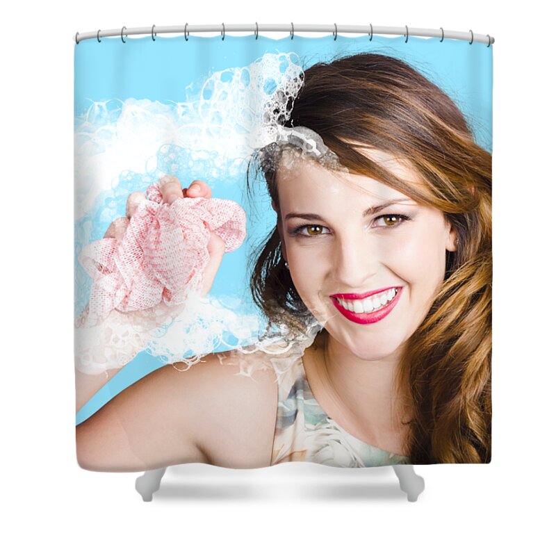 Clean Shower Curtain featuring the photograph Cleaner woman with dish cloth by Jorgo Photography