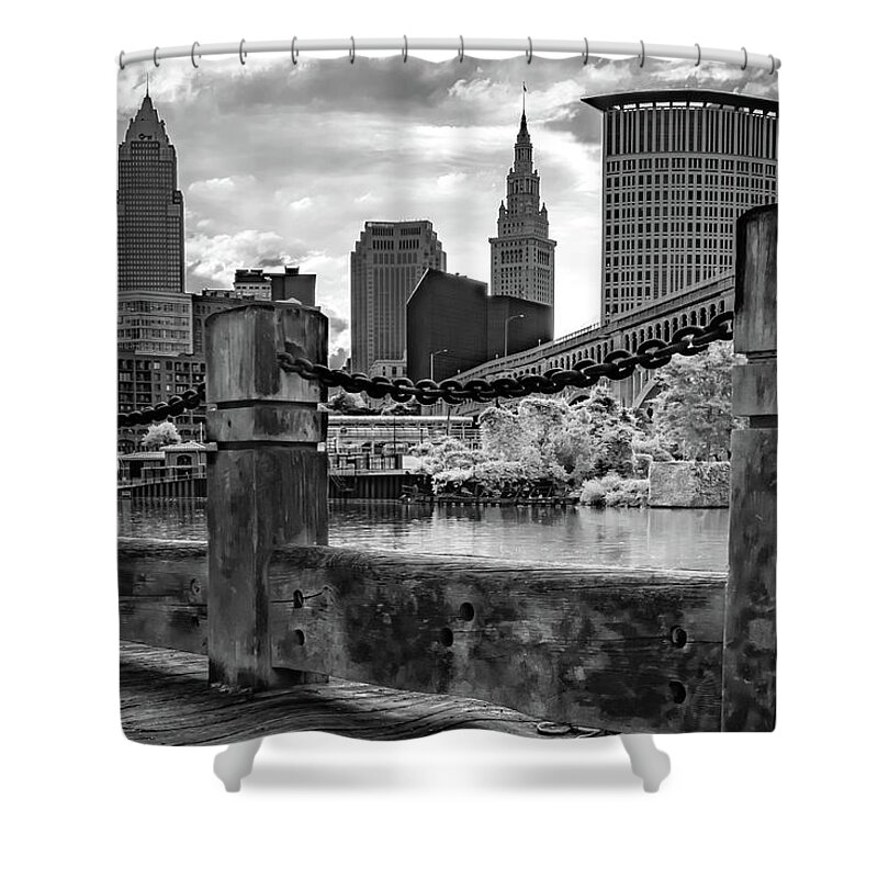 Cleveland Skyline Shower Curtain featuring the photograph Cleveland Ohio Architectural Monochrome by Gregory Ballos