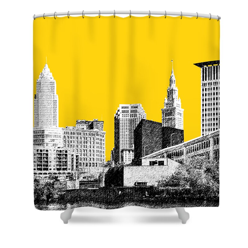 Architecture Shower Curtain featuring the digital art Cleveland Skyline 3 - Mustard by DB Artist