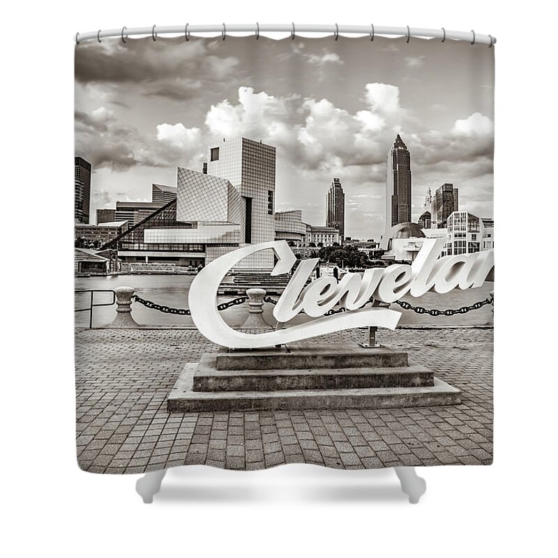 Cleveland Skyline Shower Curtain featuring the photograph Cleveland Skyline and Script Sign on North Coast Harbor - Sepia by Gregory Ballos