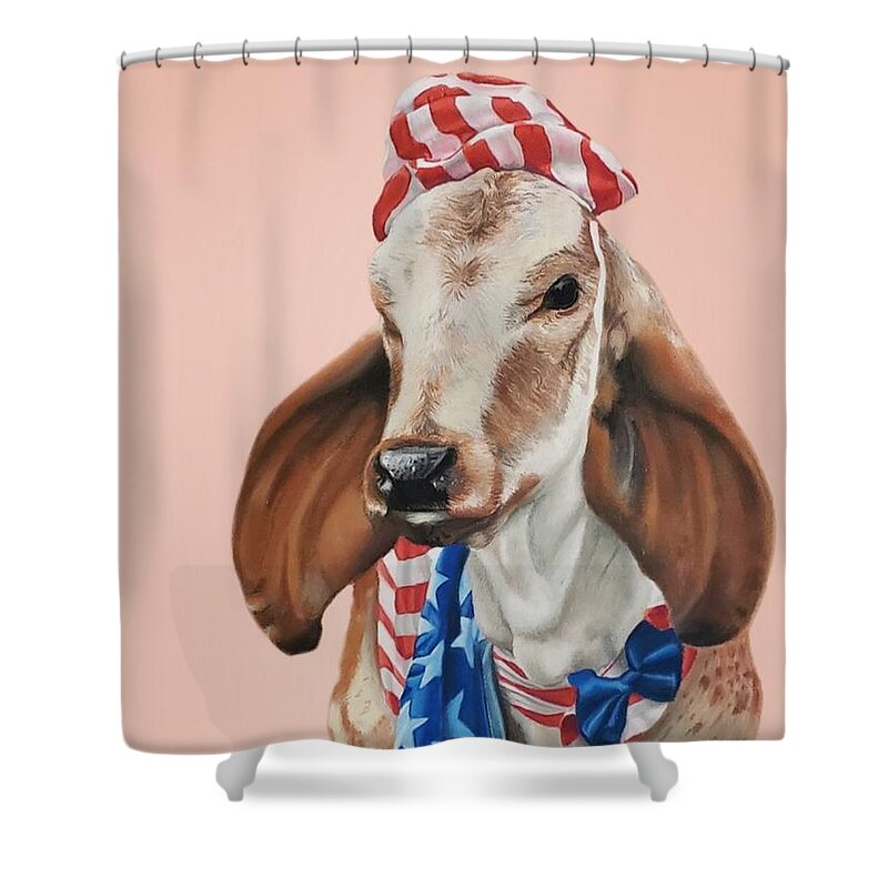 Cow Art Shower Curtain featuring the painting Clifford in pink by Alexis King-Glandon