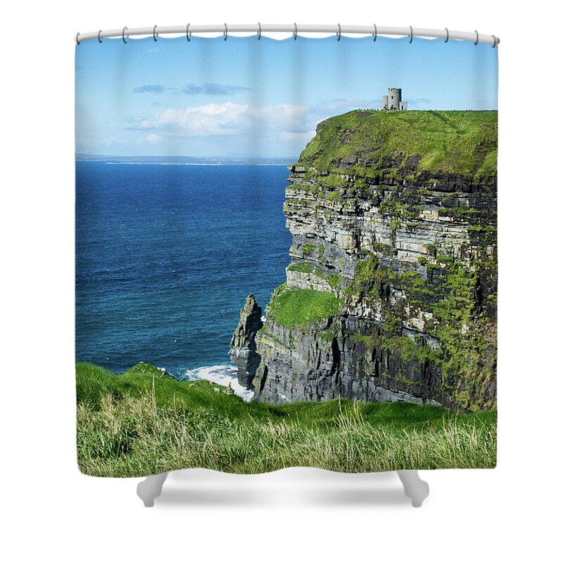 Cliffs Of Moher Shower Curtain featuring the photograph Cliffs of Moher Castle Ireland by Lisa Blake