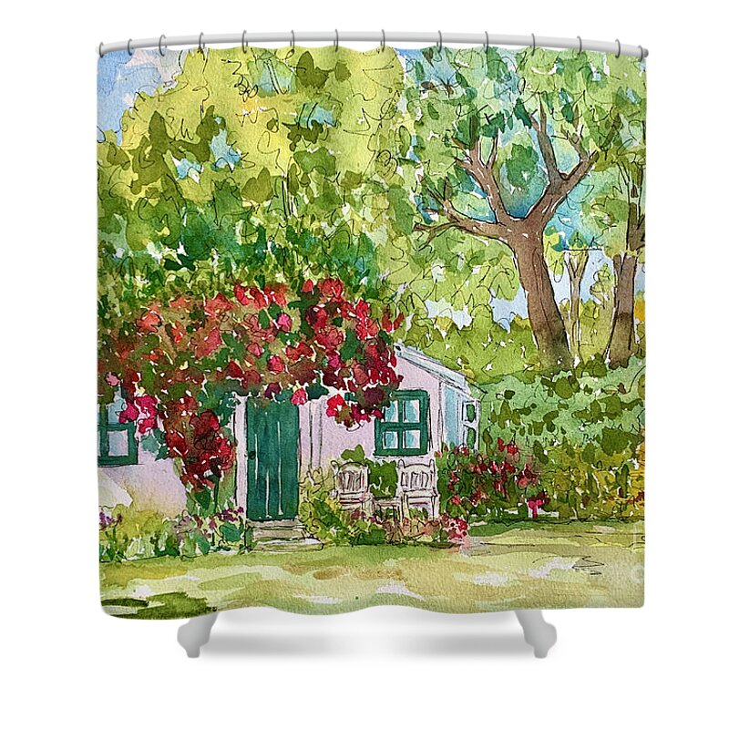 Clint Eastwood Shower Curtain featuring the painting Clint's Guesthouse by Patsy Walton