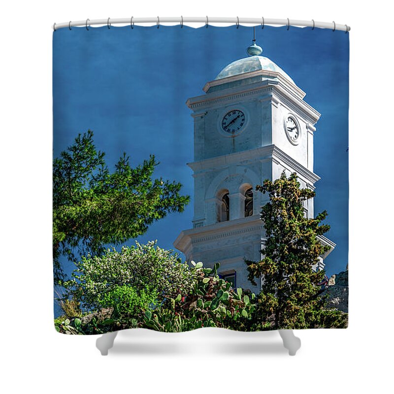 Poros Shower Curtain featuring the photograph Clock Tower in Poros, Greece by Marcy Wielfaert