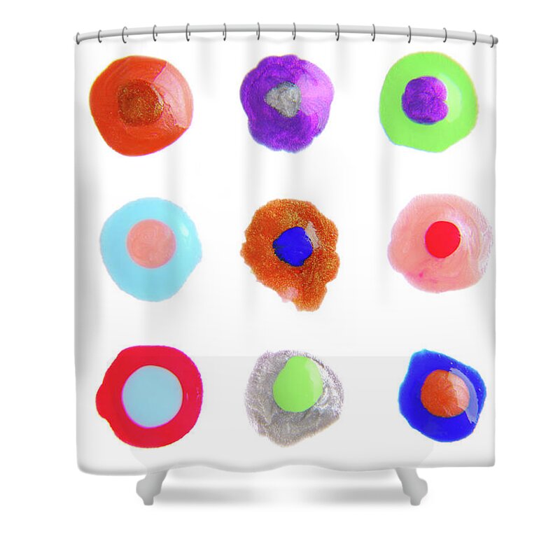 Nail Polish Shower Curtain featuring the photograph Close Up Of Color Drops Isolated On White by Severija Kirilovaite