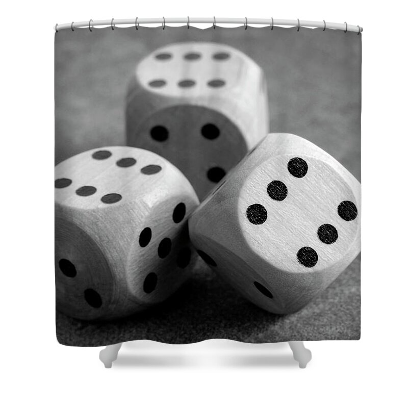 Dice Shower Curtain featuring the photograph Close Up Of The Dices On Table In Black And White by Severija Kirilovaite