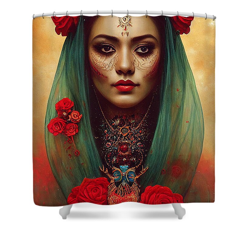 Beautiful Shower Curtain featuring the painting Closeup Portrait Of Beautiful Mexican Queen Of Th 4fe6ce64 5481 4142 Ae54 E451d4f6a147 by MotionAge Designs