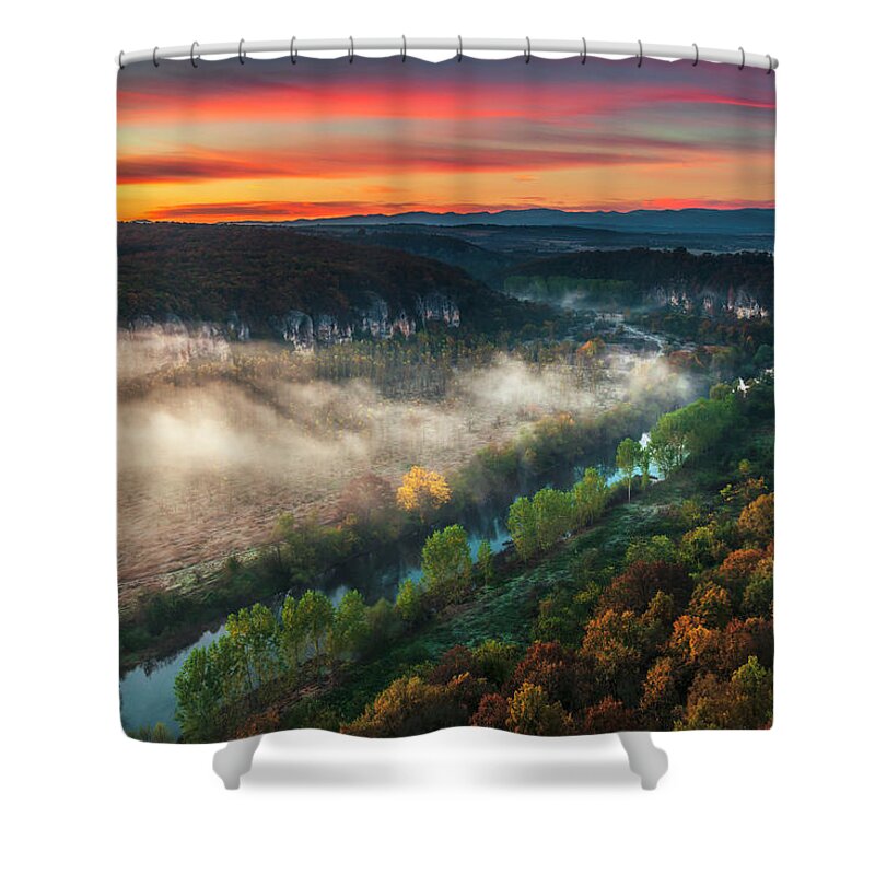 Aglen Village Shower Curtain featuring the photograph Clouds Above the River by Evgeni Dinev