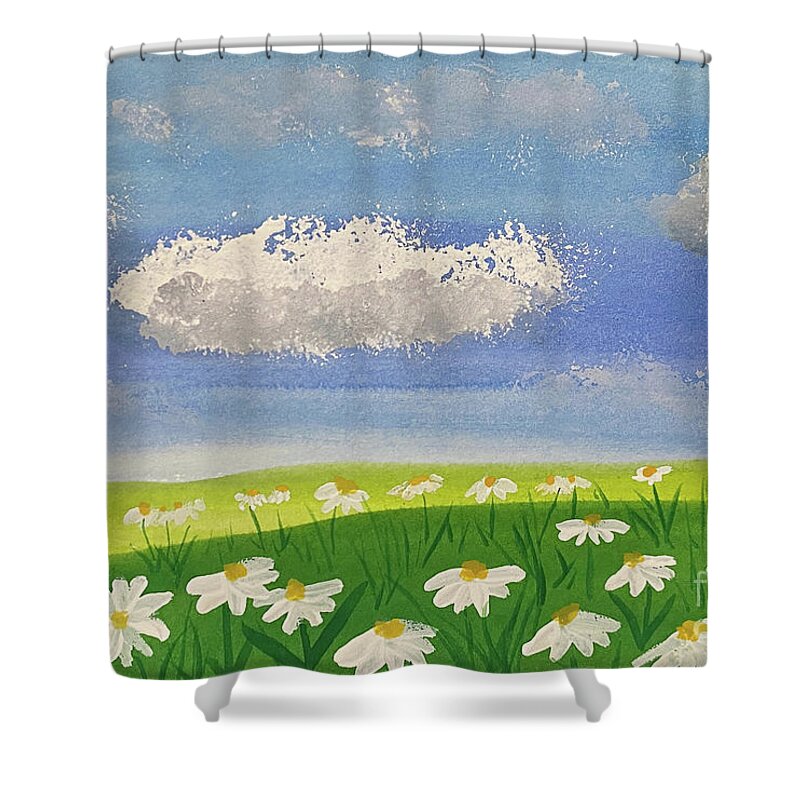 Daisies Shower Curtain featuring the mixed media Clouds and Daises by Lisa Neuman
