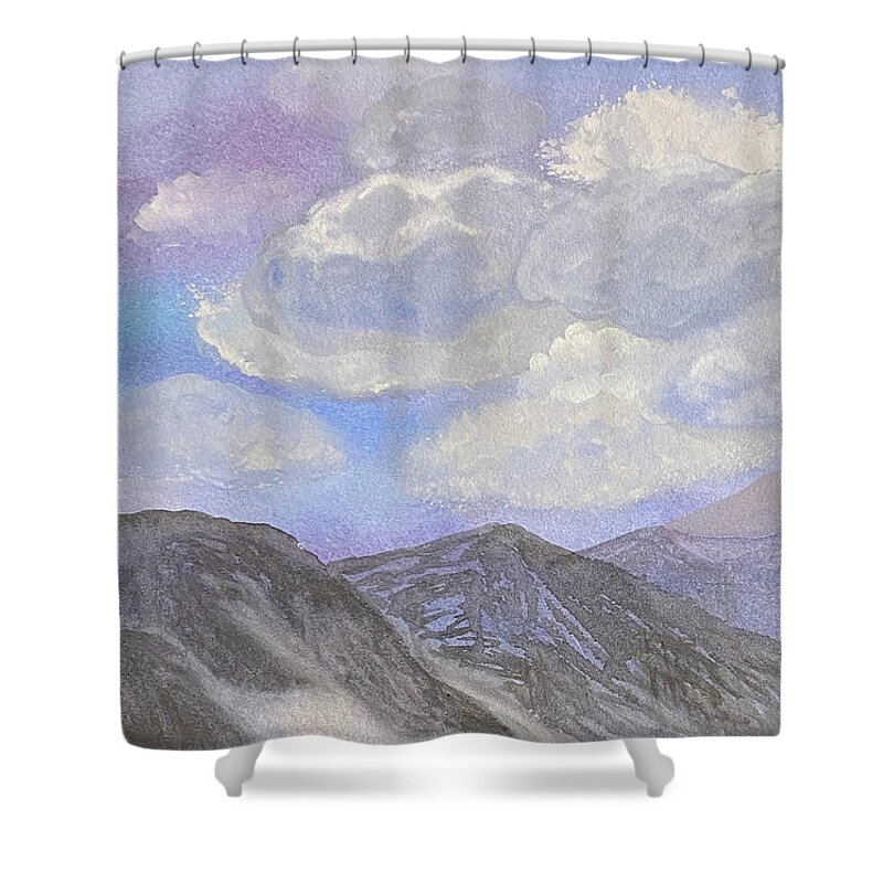 Clouds Shower Curtain featuring the mixed media Clouds and Mountains by Lisa Neuman