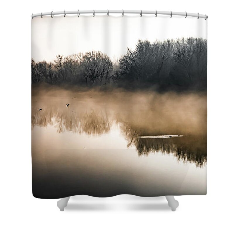 Atmosphere Shower Curtain featuring the photograph Clouds Of Mist Over The Watershed Of National Park River Danube Wetlands In Austria by Andreas Berthold