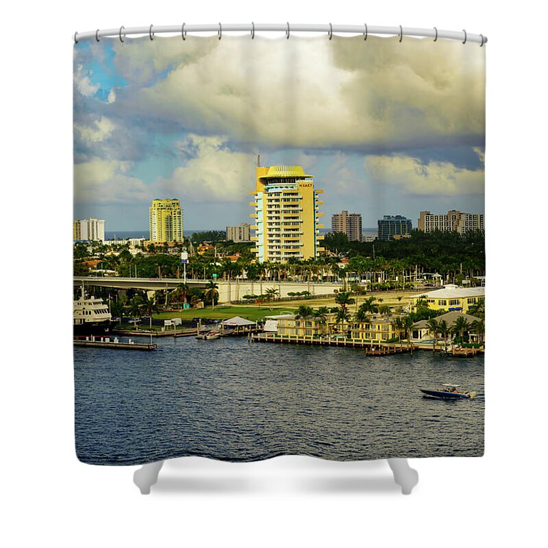 Sun; Color; Clouds; Water; Boats; Buildings; Bridge Skies; Landscape Shower Curtain featuring the photograph Clouds Over Fort Lauderdale, Florida by AE Jones