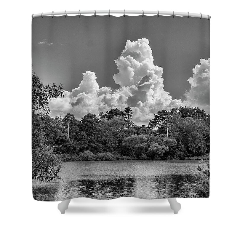 Black Shower Curtain featuring the photograph Clouds Over The Pond by Cathy Kovarik