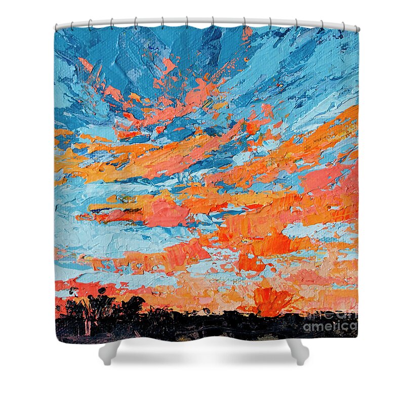 Sky Painting Shower Curtain featuring the painting Cloudscape Orange Sunset Over and Open Field by Patricia Awapara