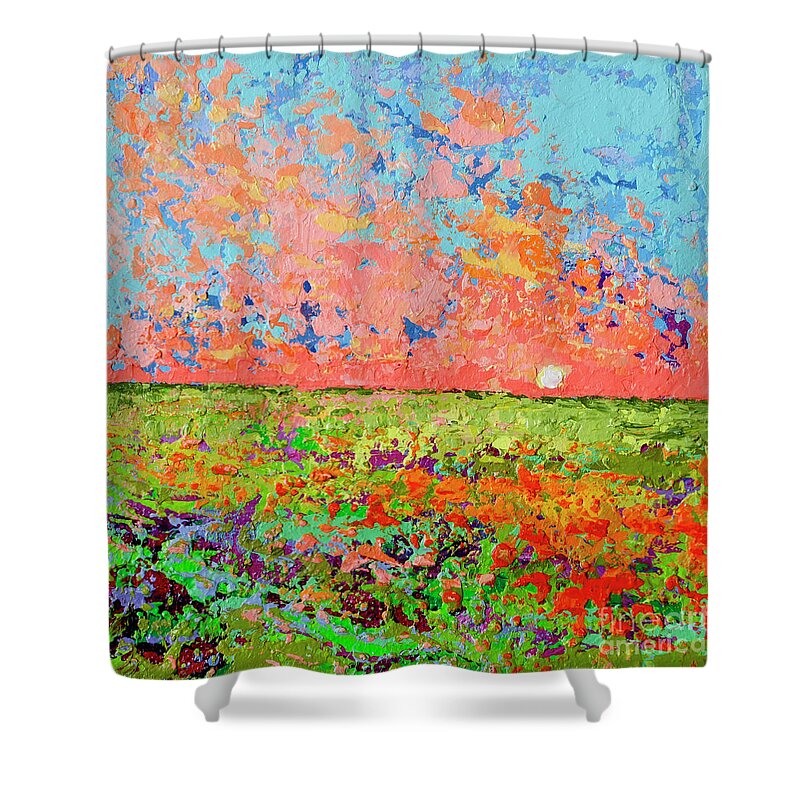 Bed Of Blooms Shower Curtain featuring the painting Cloudscape Vanilla Sunset on a Bed of Blooms Painting by Patricia Awapara