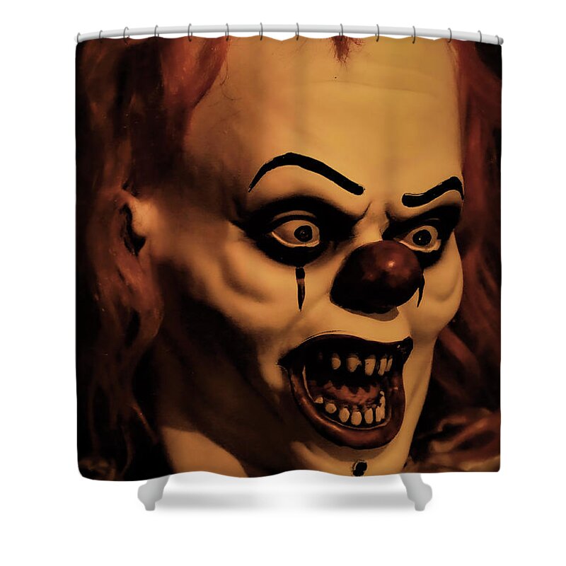 Clown Face Scary Close Red Teeth Halloween Shower Curtain featuring the photograph Clown by John Linnemeyer