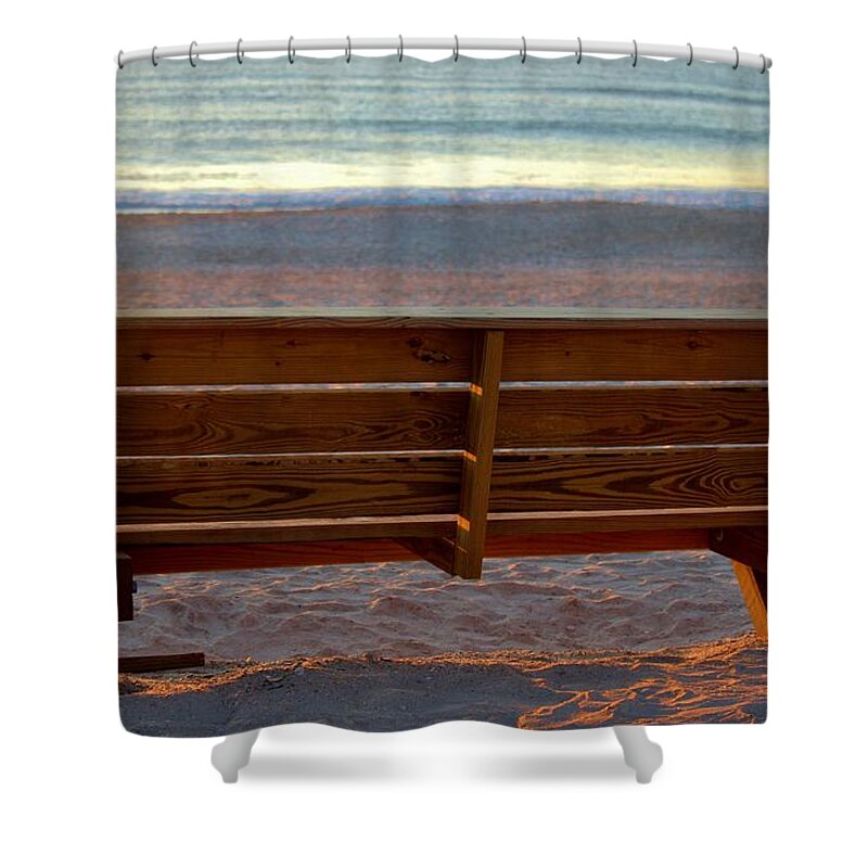 Beach Shower Curtain featuring the photograph Coastal Bench by Cynthia Guinn
