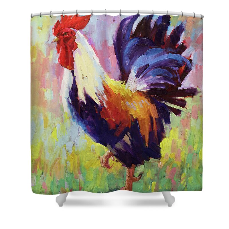 Cock Of The Walk Roosters Original Rooster Oil Painting Gary Modern impressionism paintings Impressionistic Rooster Oil Painting Original Oil Painting Impressionism Impressionist Techniques Impressionist Style painting oil on Canvas Chicken Nature Feathers Proudness Rooster The Proud Rooster Walks Through The Tall Grass In Search Hens Animal Styles Impressionism Rooster farm chicken Art Impressionist Landscape Richly Colored Textured Paint Stroke Unique  proud Rooster country Farm Shower Curtain featuring the painting Cock of the Walk by Gary Kim