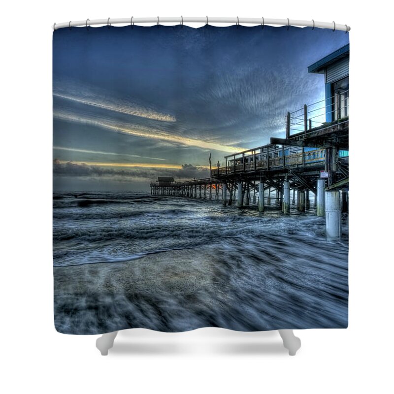 Beach Shower Curtain featuring the pyrography Cocoa Beach Pier at Sunrise by Carolyn Hutchins