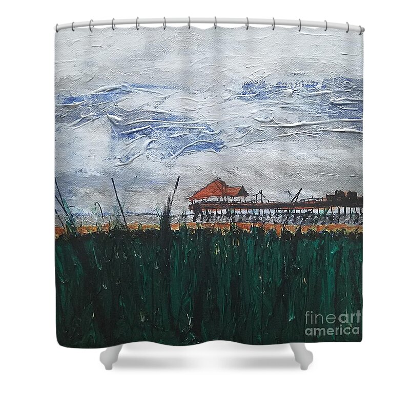  Shower Curtain featuring the painting The Cocoa Beach Pier by Mark SanSouci