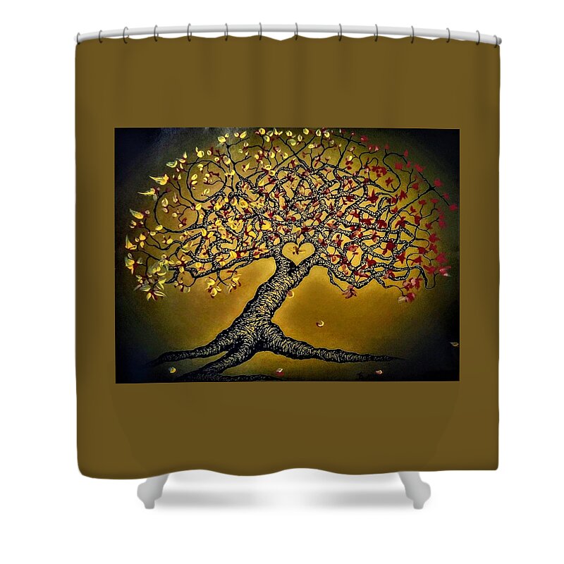 Coexist Shower Curtain featuring the drawing Coexist Love Tree w/ foliage by Aaron Bombalicki