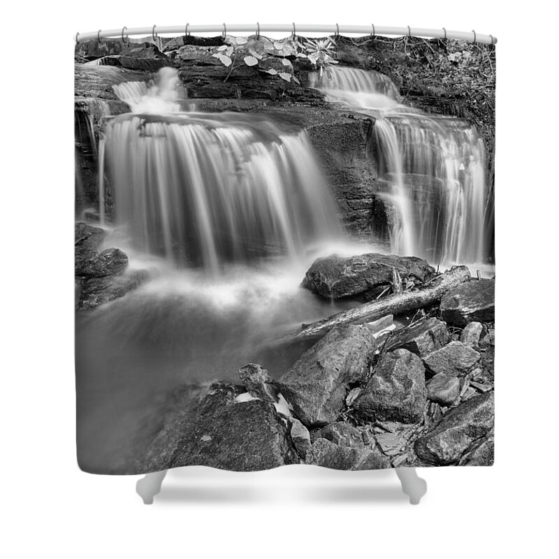 Cole Shower Curtain featuring the photograph COle Run Falls Spring Portrait Black And White by Adam Jewell