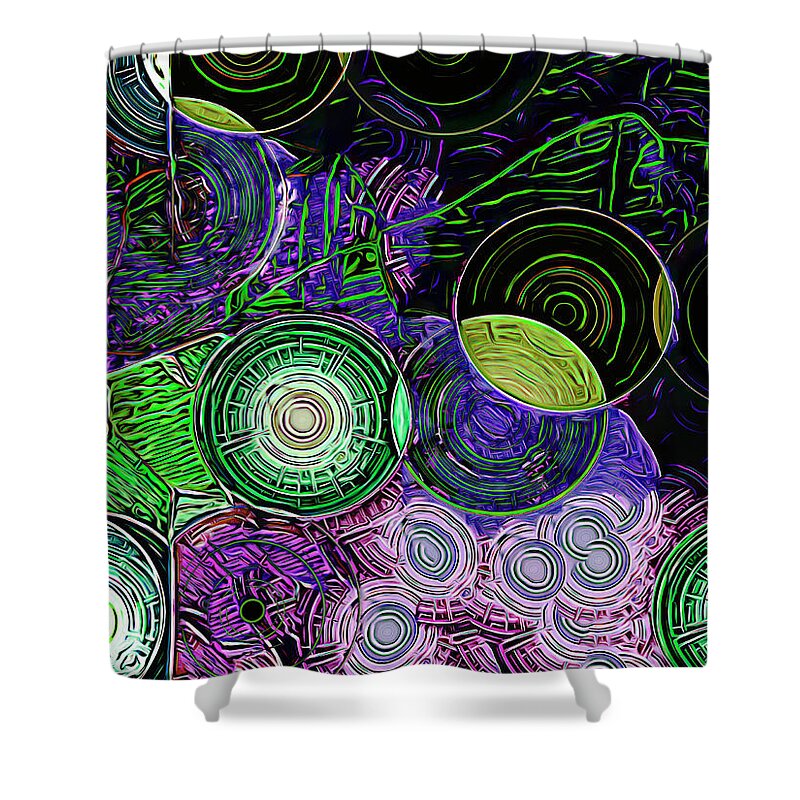 Orbs Shower Curtain featuring the mixed media Collateral Damage 3 by Lynda Lehmann